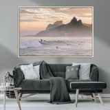 70644906-MGV-CV-36X24-Sunset Surfing Wall Art Canvas Print, Framed Misty Mountains Art Picture Print, Surfer Riding Wave Perfect Coastal Adventure Decor