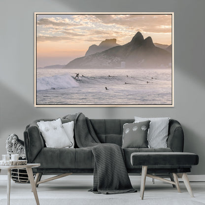 70644906-MGV-CV-36X24-Sunset Surfing Wall Art Canvas Print, Framed Misty Mountains Art Picture Print, Surfer Riding Wave Perfect Coastal Adventure Decor