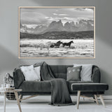 21655040-MGV-CV-36X24-Wild Horses Wall Art Canvas Print, Framed Black White Mountains Art Picture Print, Rustic Countryside Perfect Rustic Western Decor