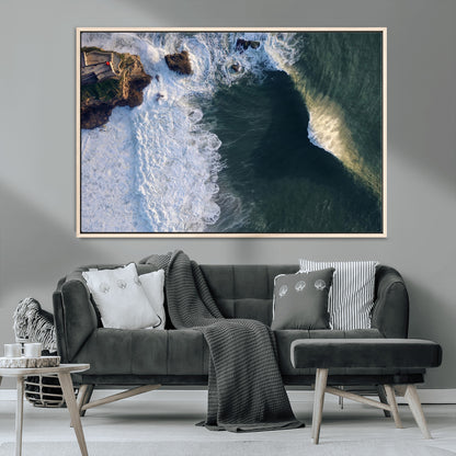 37405684-MGV-CV-36X24-Nazaré Coast Wall Art Canvas Print, Framed Aerial Ocean Art Picture Print, Coastal Fortress Perfect Dramatic Coastal Decor Artwork