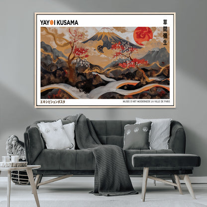 40959107-MGV-CV-36X24-Japanese Fuji Wall Art Print – Red Sun & Cherry Blossom Poster, Gold Wave Ukiyo-e Inspired Modern Japan Landscape Painting,