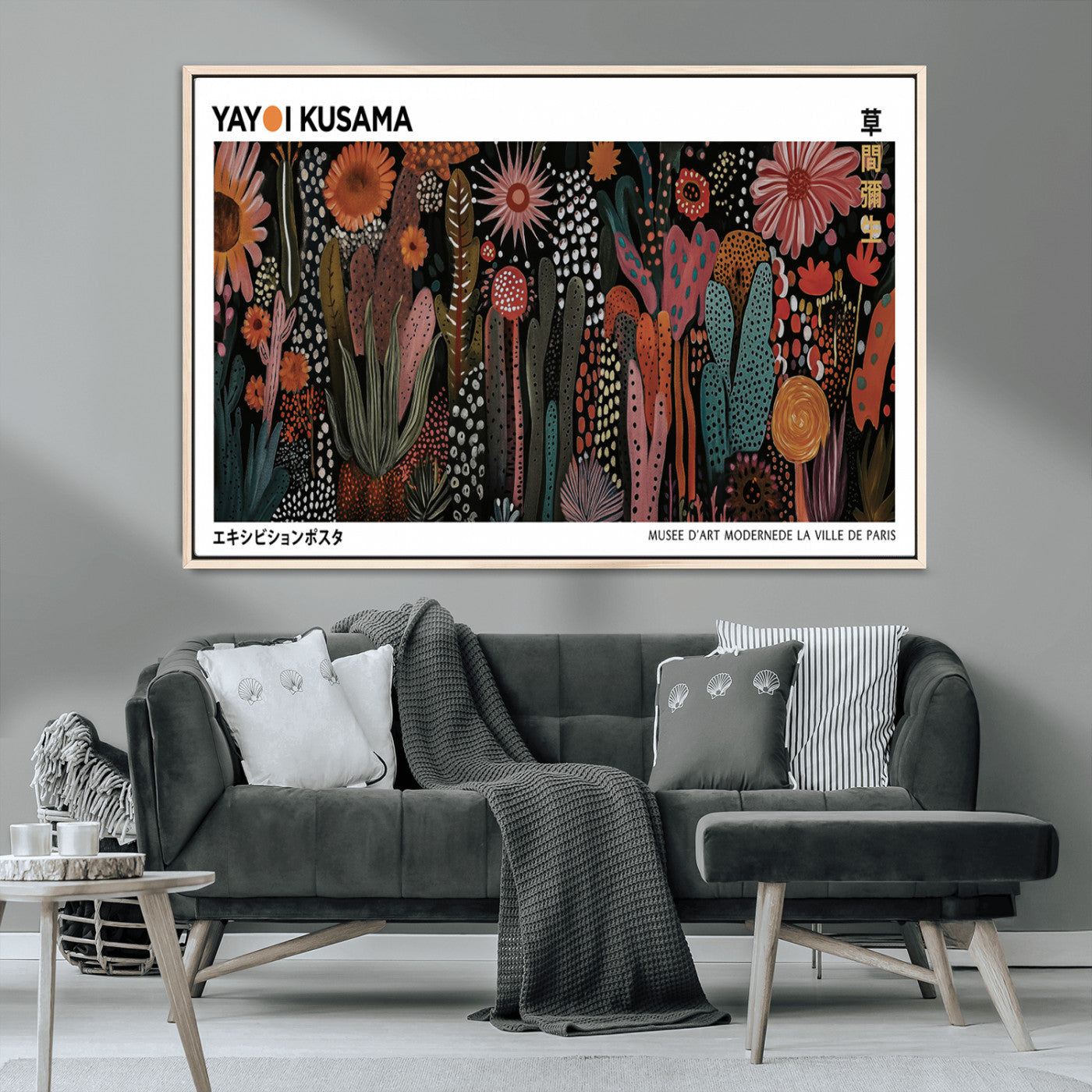70632622-MGV-CV-36X24-Dark Floral Abstract Wall Art – Botanical Canvas Print, Modern Boho Flower Painting, Colorful Kusama-Inspired Garden Poster for