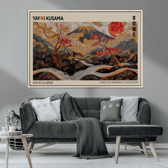 77970791-MGV-CV-36X24-Mount Fuji Golden Abstract Wall Art – Japanese Landscape Canvas Poster, Cherry Blossom & Red Sun Painting, Elegant Zen Oriental