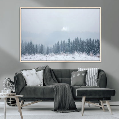 33033082-MGV-CV-36X24-Winter Forest Art Wall Art Canvas Print, Framed Snowy Landscape Art Picture Print, Misty Tree Scene Perfect Nordic Minimalist