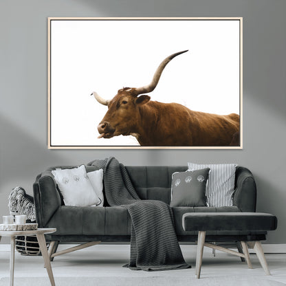 62566114-MGV-CV-36X24-Longhorn Cow Art Wall Art Canvas Print, Framed Rustic Animal Decor Art Picture Print, Texas Bull Photo Perfect Rustic Farmhouse