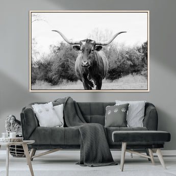 97280319-MGV-CV-36X24-Longhorn Photography Wall Art Canvas Print, Framed Western Cow Decor Art Picture Print, Texas Ranch Style Perfect Rustic Farmhouse