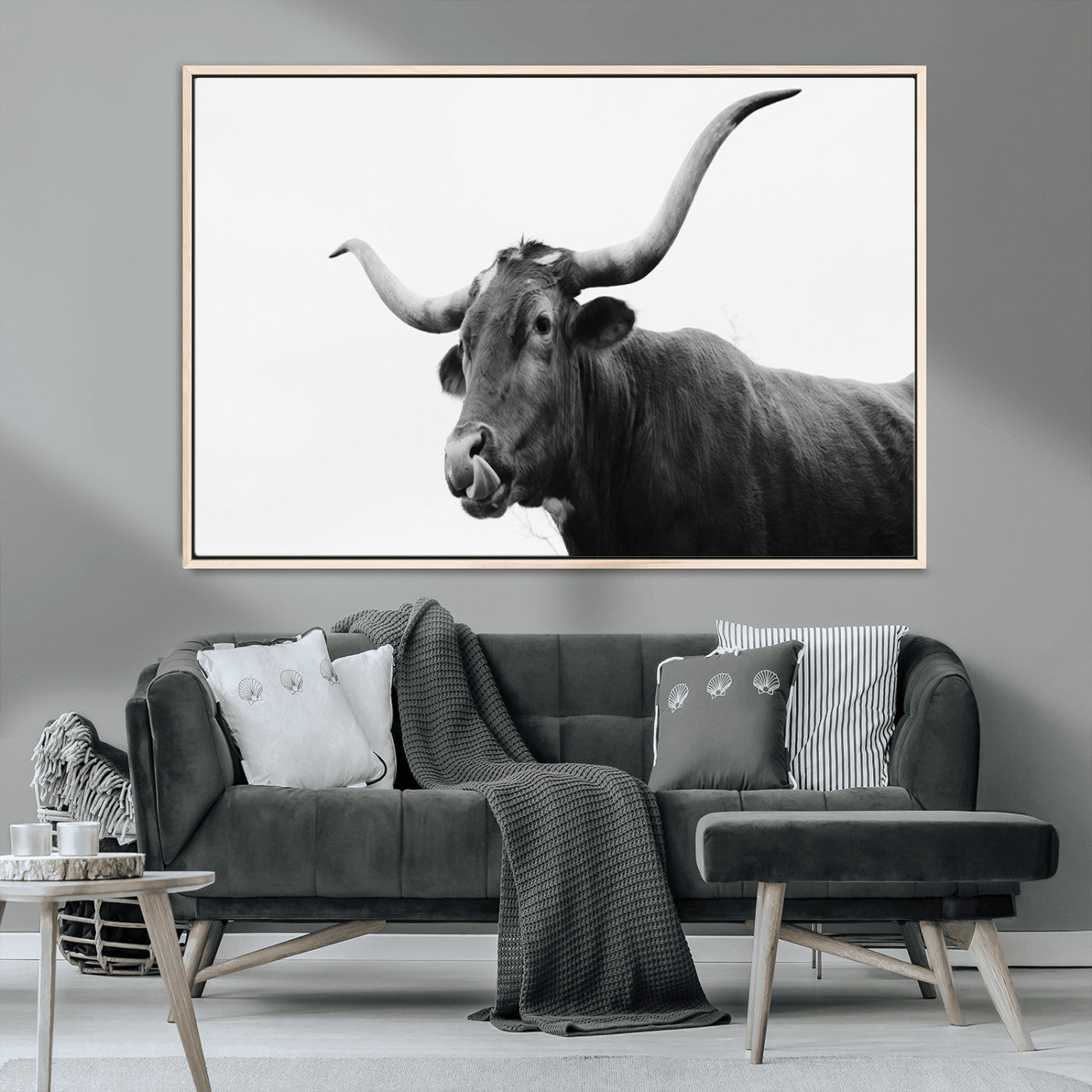 99244177-MGV-CV-36X24-Longhorn Photography Wall Art Canvas Print, Framed Western Cow Decor Art Picture Print, Black White Bull Perfect Modern Rustic