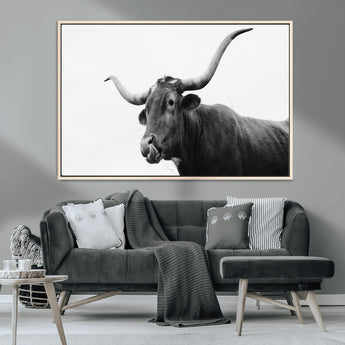 99244177-MGV-CV-36X24-Longhorn Photography Wall Art Canvas Print, Framed Western Cow Decor Art Picture Print, Black White Bull Perfect Modern Rustic