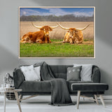 97244565-MGV-CV-36X24-Longhorn Duo Wall Art Canvas Print, Framed Cozy Ranch Vibes Art Picture Print, Western Ranch Decor Perfect Rustic Farmhouse Decor