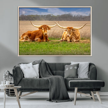 97244565-MGV-CV-36X24-Longhorn Duo Wall Art Canvas Print, Framed Cozy Ranch Vibes Art Picture Print, Western Ranch Decor Perfect Rustic Farmhouse Decor
