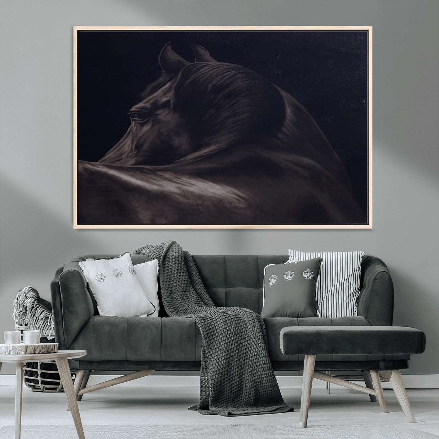 67026880-MGV-CV-36X24-Black Horse Portrait Wall Art Canvas Print, Framed Moody Horse Decor Art Picture Print, Equestrian Wall Style Perfect Masculine