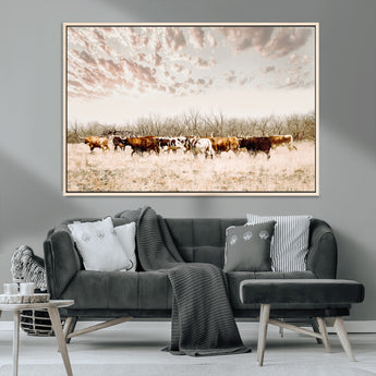 57389417-MGV-CV-36X24-Cow Herd Photography Wall Art Canvas Print, Framed Rustic Farmhouse Decor Art Picture Print, Western Ranch Style Perfect Rustic