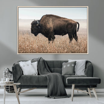 34451925-MGV-CV-36X24-Rustic Bison Decor Wall Art Canvas Print, Framed Buffalo Home Accent Art Picture Print, Prairie Wildlife Scene Perfect Western