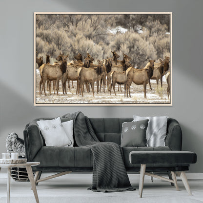 90269422-MGV-CV-36X24-Elk Herd Scene Wall Art Canvas Print, Framed Rustic Wildlife Decor Art Picture Print, Western Cabin Style Perfect Rustic Lodge