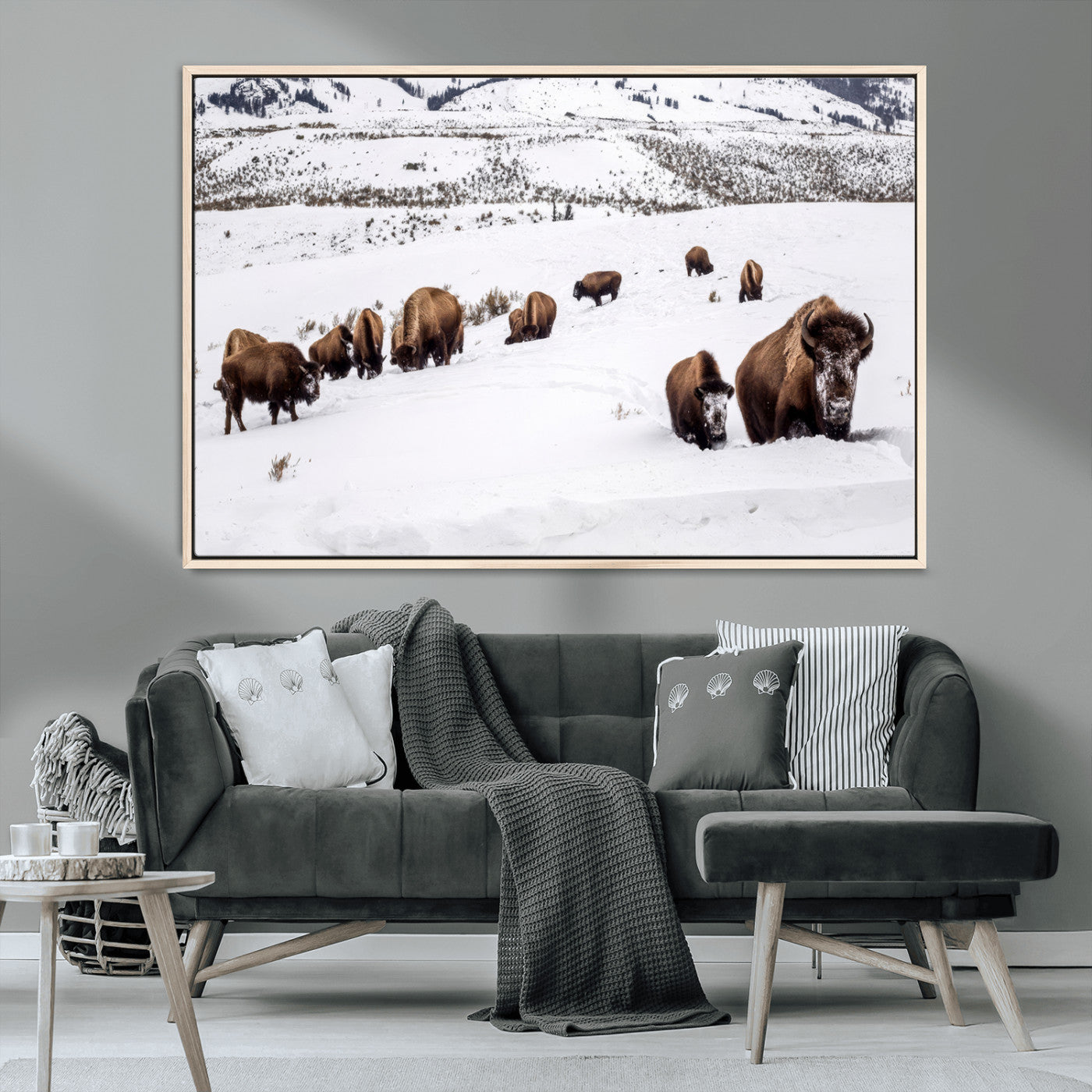 13891210-MGV-FC-36X24_Natural-Bison Herd Scene Wall Art Canvas Print, Framed Western Wildlife Decor Art Picture Print, Snowy Mountain Valley Perfect Rustic