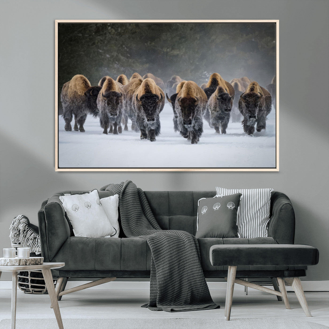 41669135-MGV-CV-36X24-Bison Herd Scene Wall Art Canvas Print, Framed Rustic Wildlife Decor Art Picture Print, Snowy Bison Landscape Perfect Rustic