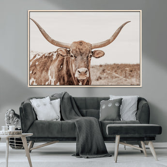 77810049-MGV-CV-36X24-Longhorn Bull Photo Wall Art Canvas Print, Framed Rustic Cow Decor Art Picture Print, Neutral Farmhouse Style Perfect Rustic