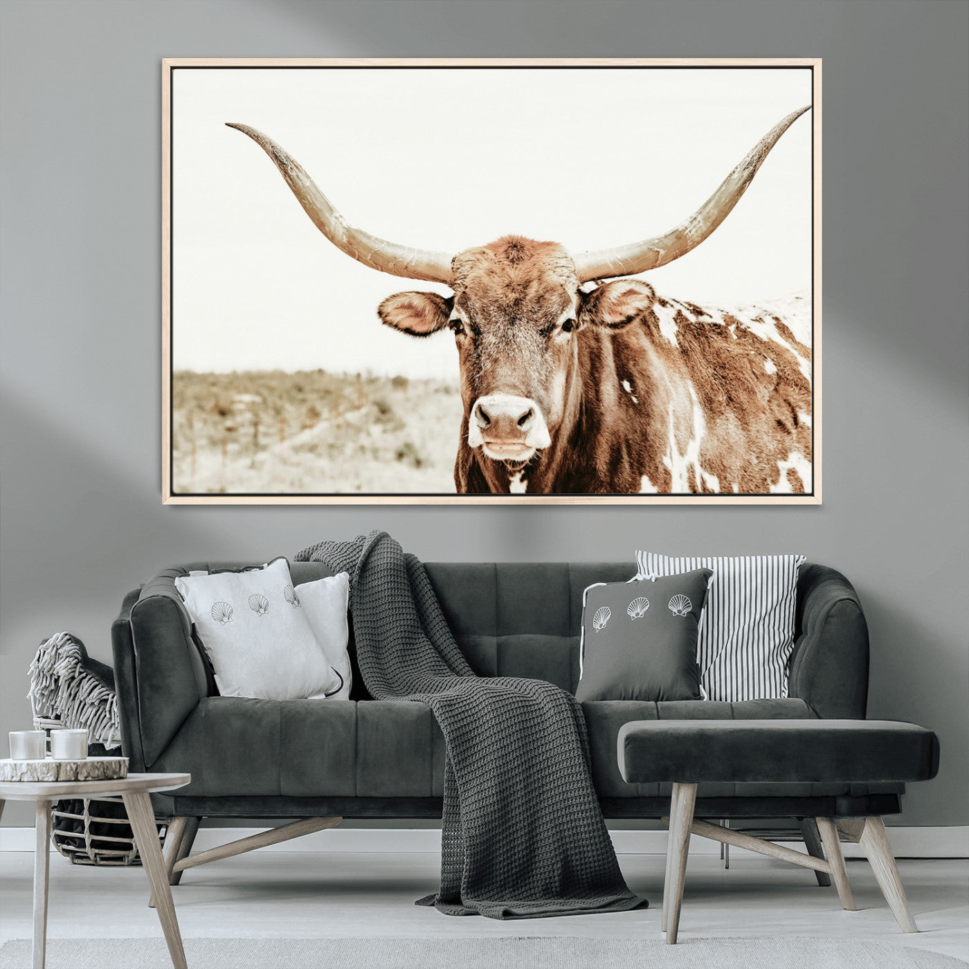98924580-MGV-CV-36X24-Texas Longhorn Bull Wall Art Canvas Print, Framed Rustic Farmhouse Decor Art Picture Print, Western Animal Theme Perfect Rustic