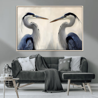 18230556-MGV-CV-36X24-Blue Heron Pair Wall Art Canvas Print, Framed Coastal Bird Theme Art Picture Print, Tranquil Wildlife Scene Perfect Coastal