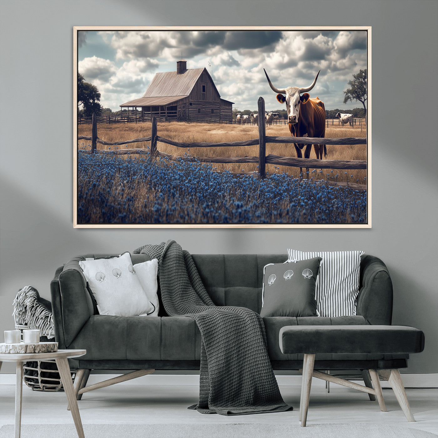51092814-MGV-FC-36X24_Natural-Texas Longhorn Wall Art Wall Art Canvas Print, Framed Rustic Barn Canvas Art Picture Print, Farmhouse Cow Decor Perfect Rustic