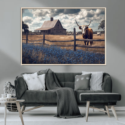 51092814-MGV-FC-36X24_Natural-Texas Longhorn Wall Art Wall Art Canvas Print, Framed Rustic Barn Canvas Art Picture Print, Farmhouse Cow Decor Perfect Rustic