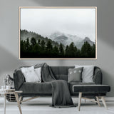 55968349-MGV-CV-36X24-Misty Mountains Wall Art Canvas Print, Framed Foggy Forest Art Picture Print, Snowy Peaks Perfect Moody Wilderness Decor Artwork
