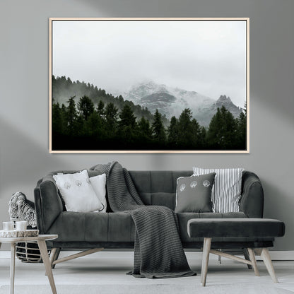 55968349-MGV-CV-36X24-Misty Mountains Wall Art Canvas Print, Framed Foggy Forest Art Picture Print, Snowy Peaks Perfect Moody Wilderness Decor Artwork