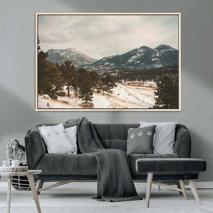 77311749-MGV-CV-36X24-Mountain Landscape Wall Art Canvas Print, Framed Snowy Peaks Art Picture Print, Alpine Aesthetic Perfect Rustic Winter Decor