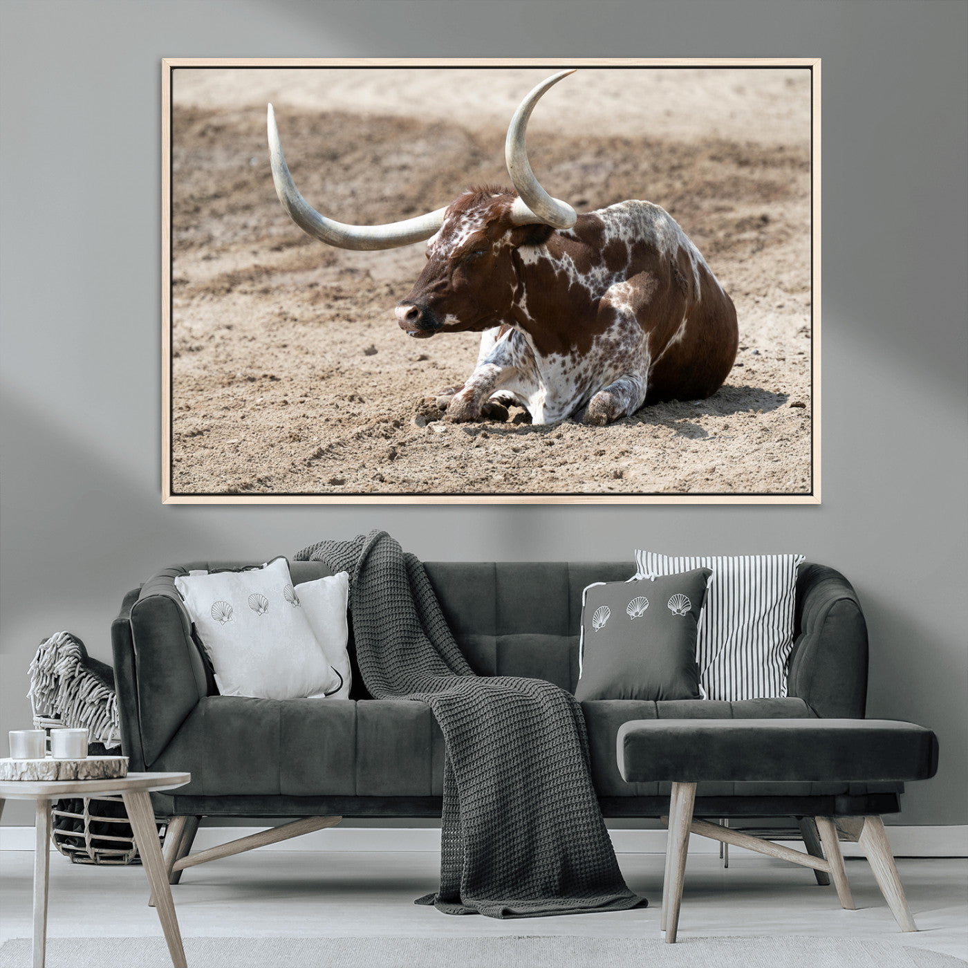 76549210-MGV-CV-36X24-Texas Longhorn Wall Art Canvas Print, Framed Country Living Art Picture Print, Farmhouse Aesthetic Perfect Western Rustic Decor