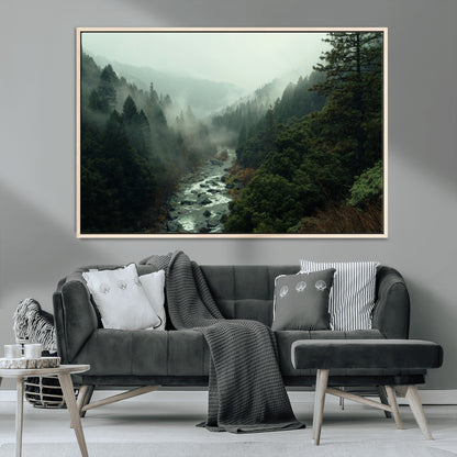 48497565-MGV-CV-36X24-Misty Forest Wall Art Canvas Print, Framed Foggy River Art Picture Print, Moody Landscape Perfect Moody Wilderness Decor Artwork