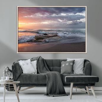 94208089-MGV-CV-36X24-Golden Hour Wall Art Canvas Print, Framed Tranquil Waves Art Picture Print, Beach Horizon Perfect Coastal Serenity Decor Artwork