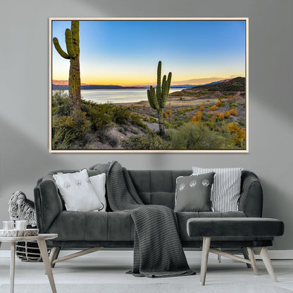 52844711-MGV-CV-36X24-Saguaro Cactus Wall Art Canvas Print, Framed Desert Sunset Art Picture Print, Southwestern Scene Perfect Southwestern Rustic Decor