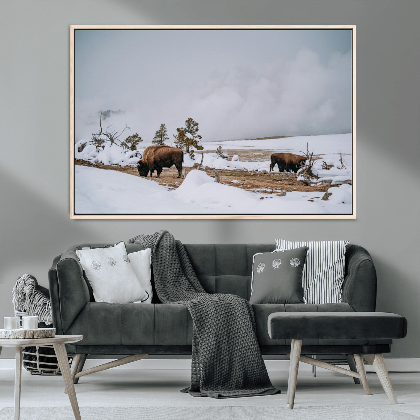 60308289-MGV-CV-36X24-Bison Wildlife Wall Art Canvas Print, Framed Snowy Prairie Art Picture Print, Western Landscape Perfect Rustic Winter Decor