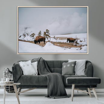 60308289-MGV-CV-36X24-Bison Wildlife Wall Art Canvas Print, Framed Snowy Prairie Art Picture Print, Western Landscape Perfect Rustic Winter Decor