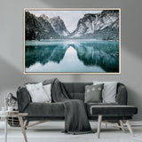 73098373-MGV-CV-36X24-Mountain Lake Wall Art Canvas Print, Framed Winter Wonderland Art Picture Print, Snowy Peaks Perfect Modern Nature Decor Artwork