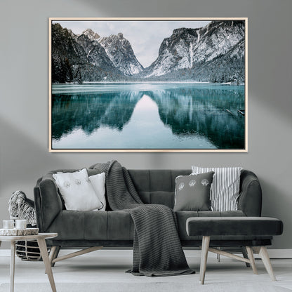 73098373-MGV-CV-36X24-Mountain Lake Wall Art Canvas Print, Framed Winter Wonderland Art Picture Print, Snowy Peaks Perfect Modern Nature Decor Artwork