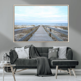 31602988-MGV-FC-36X24_Natural-Beach Boardwalk Wall Art Canvas Print, Framed Coastal Serenity Art Picture Print, Ocean View Perfect Coastal Minimalist Decor