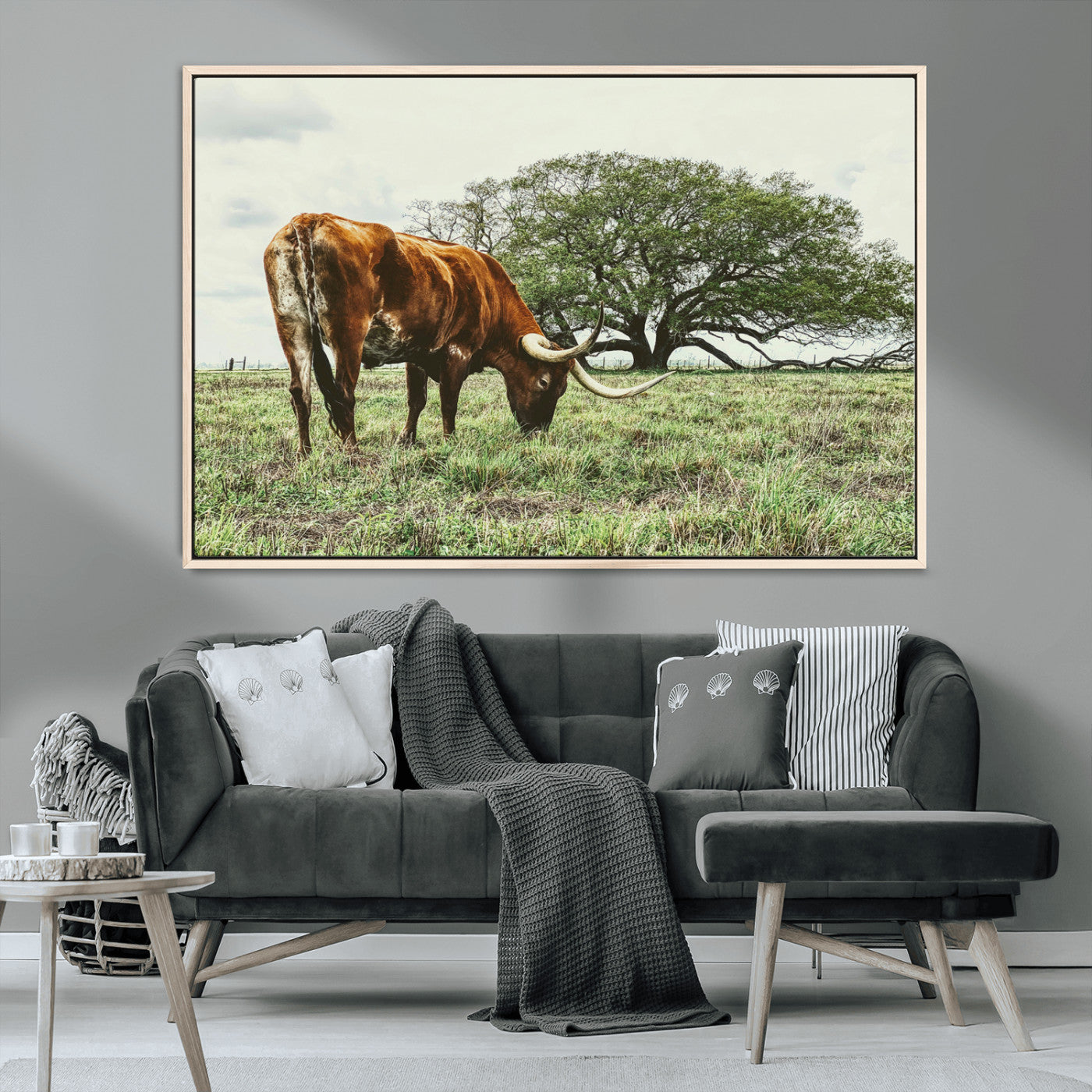 91866234-MGV-CV-36X24-Texas Longhorn Wall Art Canvas Print, Framed Rustic Ranch Art Picture Print, Western Cattle Perfect Rustic Farmhouse Decor Artwork
