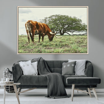 91866234-MGV-CV-36X24-Texas Longhorn Wall Art Canvas Print, Framed Rustic Ranch Art Picture Print, Western Cattle Perfect Rustic Farmhouse Decor Artwork