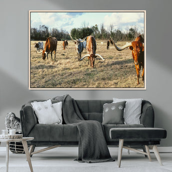 39144651-MGV-CV-36X24-Texas Longhorns Wall Art Canvas Print, Framed Rustic Farm Scene Art Picture Print, Western Cattle Perfect Rustic Farmhouse Decor