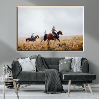 94723307-MGV-CV-36X24-Western Cowboys Wall Art Canvas Print, Framed Rustic Prairie Art Picture Print, Horseback Riding Perfect Rustic Western Decor