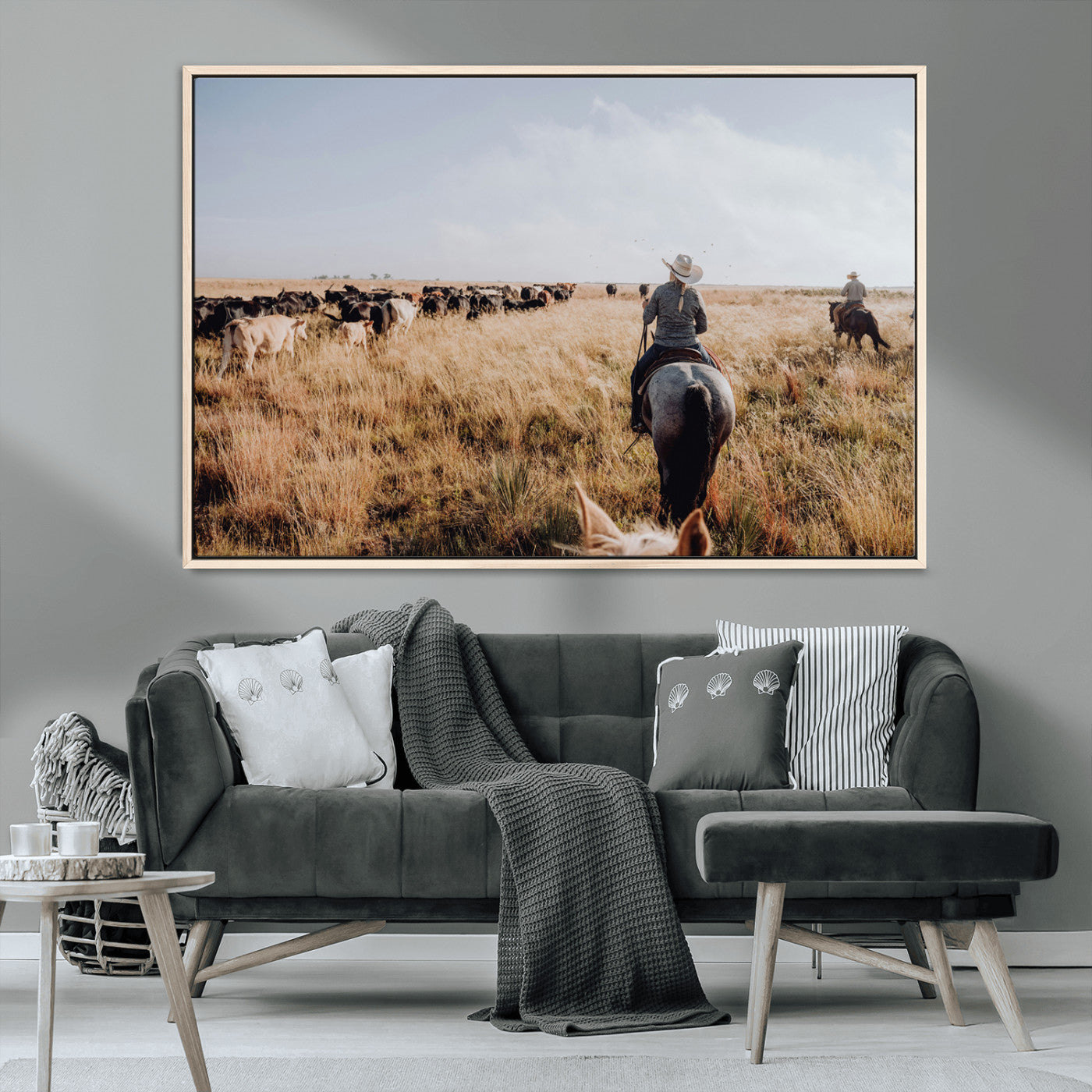 22431577-MGV-CV-36X24-Western Wall Art Wall Art Canvas Print, Framed Cowboy Canvas Art Picture Print, Cattle Drive Scene Perfect Rustic Western Decor