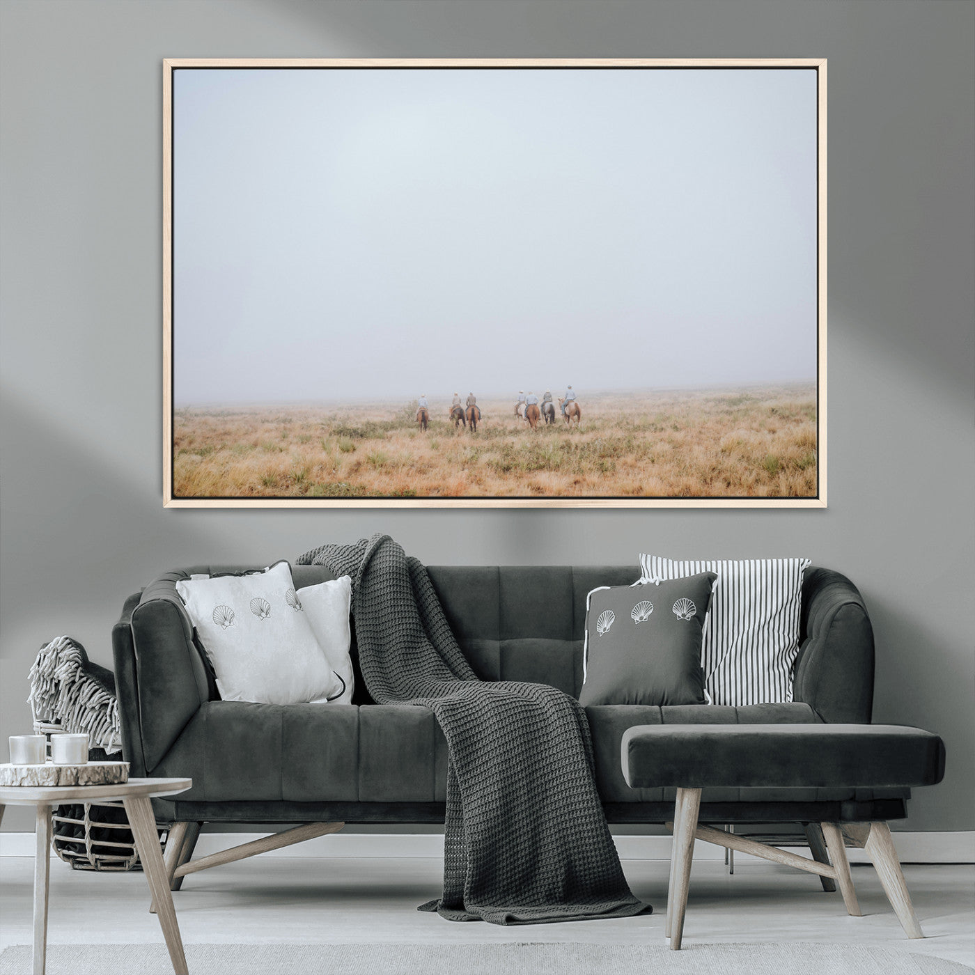 14761944-MGV-CV-36X24-Foggy Plains Wall Art Canvas Print, Framed Horseback Riders Art Picture Print, Rustic Western Perfect Rustic Western Decor Artwork