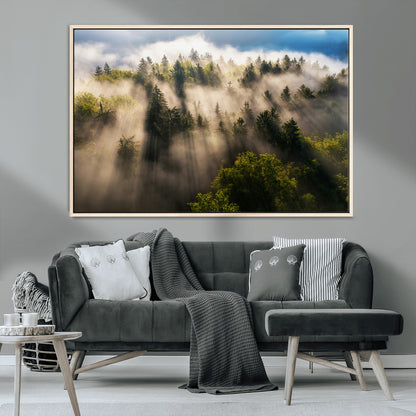 14785710-MGV-CV-36X24-Tranquil Forest Scene Wall Art Canvas Print, Framed Sunbeam Through Trees Art Picture Print, Moody Green Wall Art Perfect