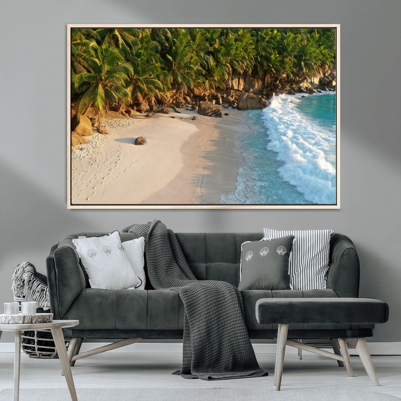 82312665-MGV-CV-36X24-Tropical Beach Wall Art Canvas Print, Framed Ocean Waves Art Picture Print, Palm Trees Perfect Coastal Minimalist Decor Artwork