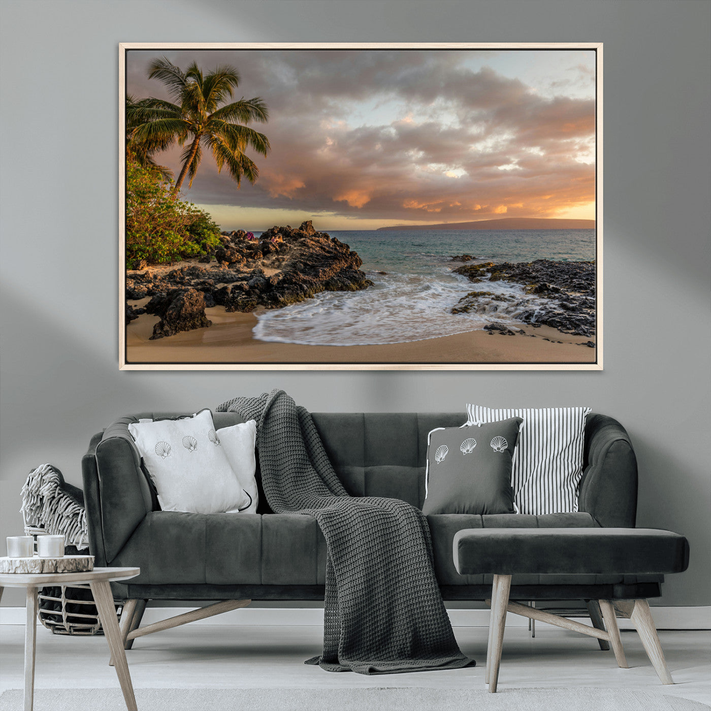 55108220-MGV-CV-36X24-Tropical Beach Wall Art Canvas Print, Framed Hawaiian Sunset Art Picture Print, Ocean Waves Perfect Coastal Tropical Decor Artwork