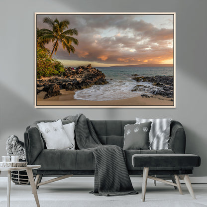 55108220-MGV-CV-36X24-Tropical Beach Wall Art Canvas Print, Framed Hawaiian Sunset Art Picture Print, Ocean Waves Perfect Coastal Tropical Decor Artwork