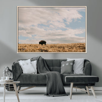 22754563-MGV-CV-36X24-Earthy Tones Wall Art Canvas Print, Framed Rustic Nature Art Picture Print, Solitary Buffalo Perfect Western Minimalist Decor