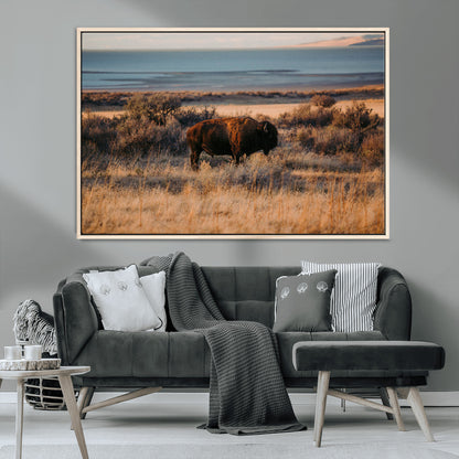 39509187-MGV-CV-36X24-Western Wildlife Wall Art Canvas Print, Framed Bison Art Picture Print, Golden Hour Perfect Western Rustic Decor Artwork