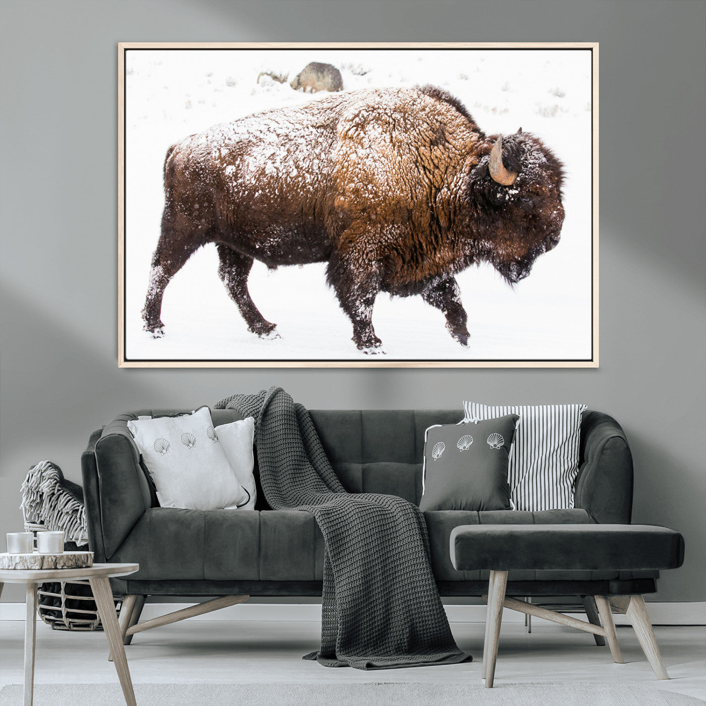 94261165-MGV-CV-36X24-Snowy Buffalo Wall Art Canvas Print, Framed Wildlife Photography Art Picture Print, Brown Tones Perfect Rustic Lodge Decor Decor